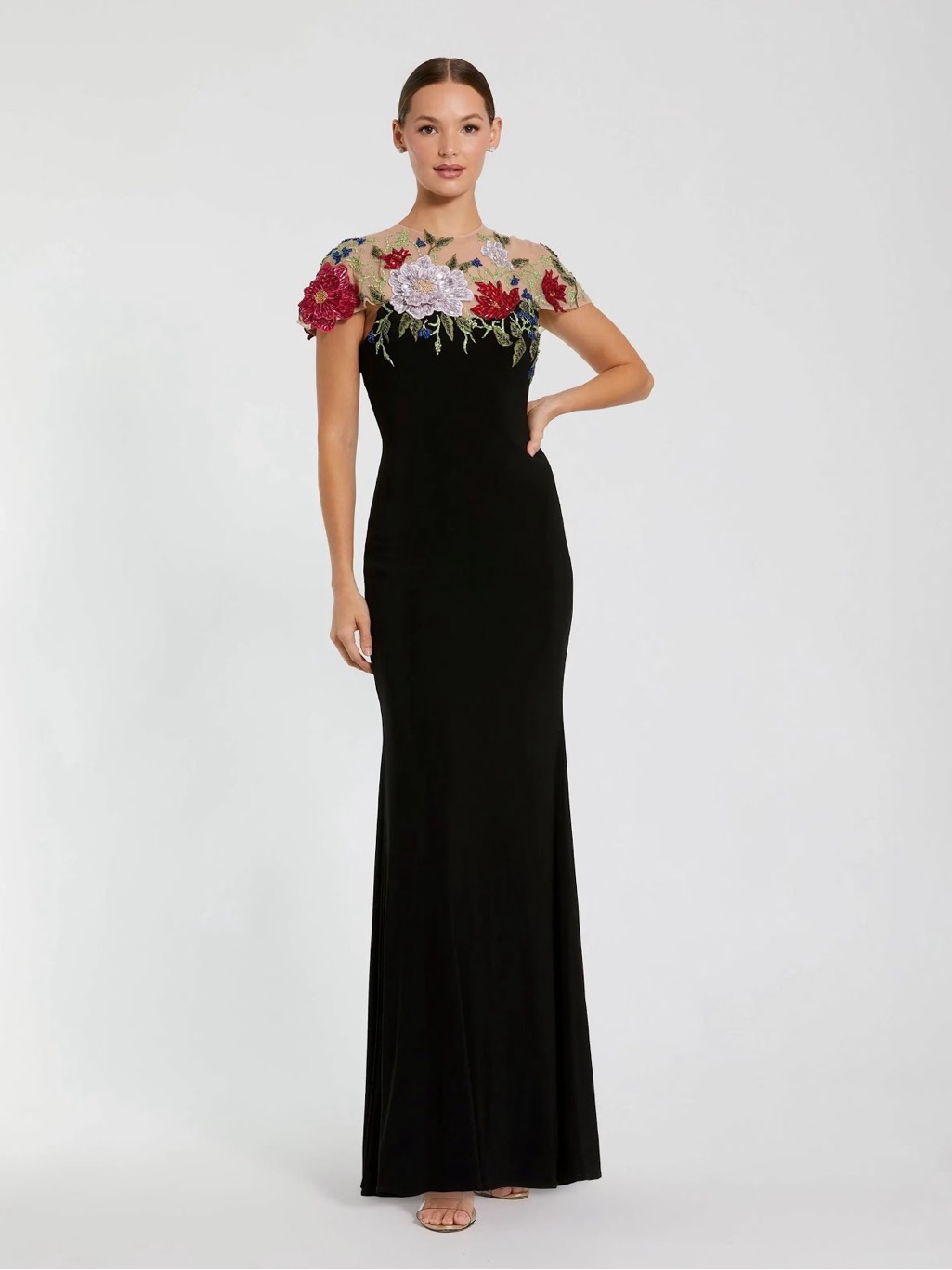 Mac Duggal 11817 Black Floral Embellished Jersey Column Gown Size 8 Nwt